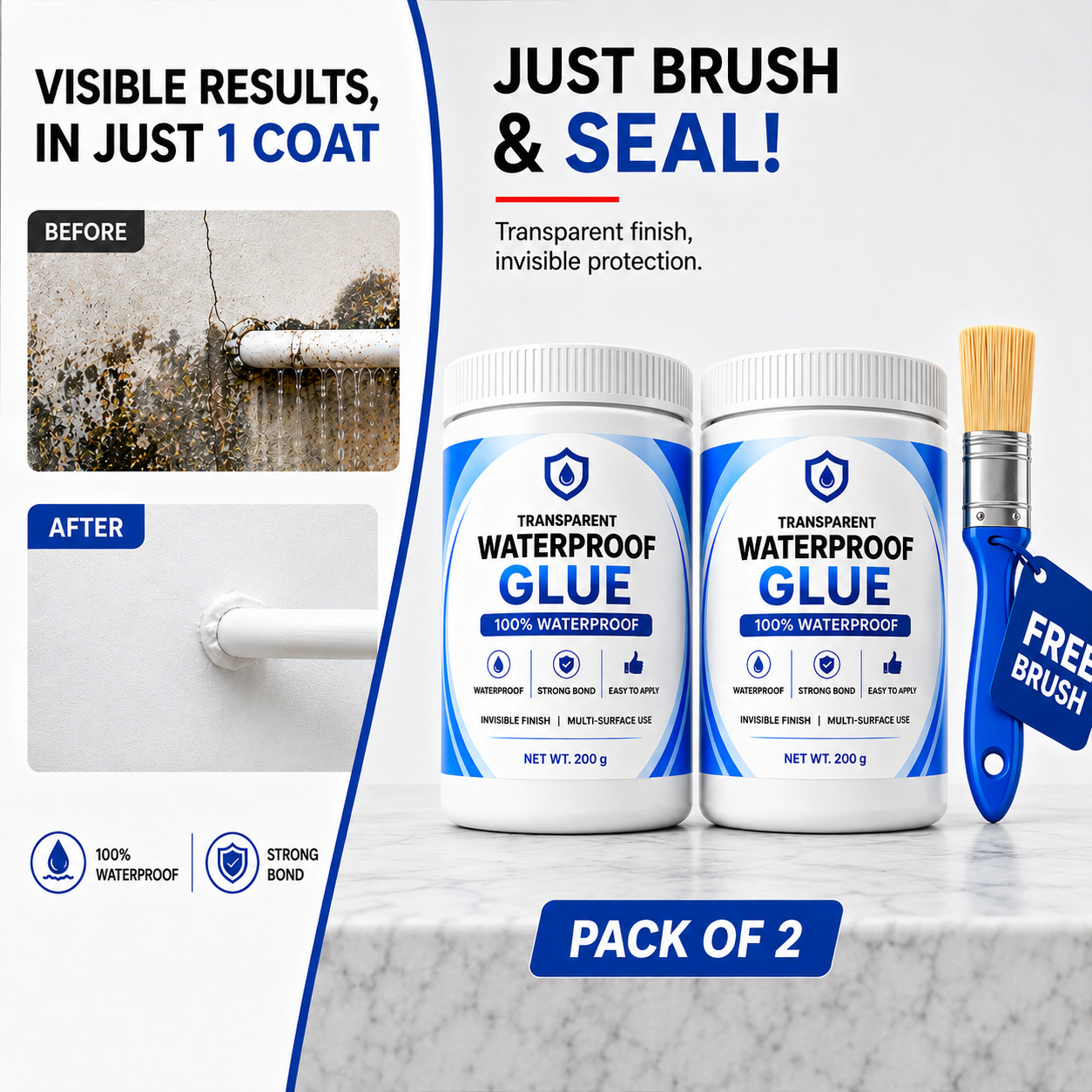 Transparent Waterproof Glue  Free Brush 200g each pack of 2